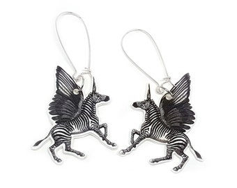 Long Black and white Unicorn earrings, Silver plated Unicorn hoops, Fantasy earrings, Mythology acrylic earrings, Zebra Pegacorn jewellery
