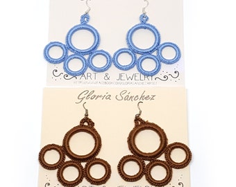 Blue/Brown circular crochet earrings. Andalucia flamenco style. Fiber jewellery. Unique gift. Plastic hoop. Gypsy earrings. Textil jewelry