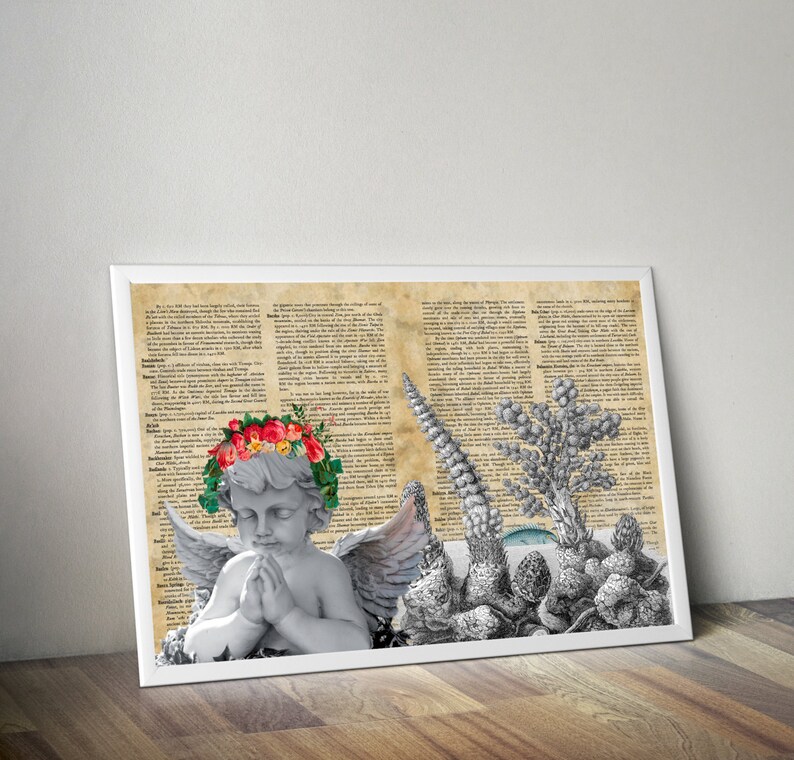 Retro Art Print. Collage dictionary.The Angel. Unique artwork. Vintage paper print. Old Illustration poster. Home wall Decor. Wall decor. image 1