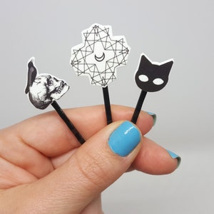 Gothic Hair clips, Black and white hair pin, Goth hair accessory, Skulls, cat and sacred geometry hair clips