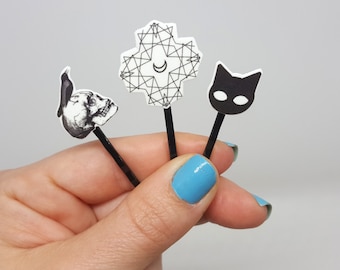 Gothic Hair clips, Black and white hair pin, Goth hair accessory, Skulls, cat and sacred geometry hair clips