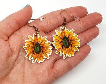 Christmas sale, Cyber monday, Long insect earrings, Beetle earrings, Fly earrings, Floral acrylic earrings, Weird and creepy, Shrinky dinks