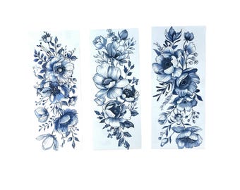 Royal Blue Boho Floral Temporary Tattoo (18cm/20cm long x 8/9 cm), Long Flowers Tattoo, Blue Bohemian Floral Fake Tattoo, Arms Legs Tattoo