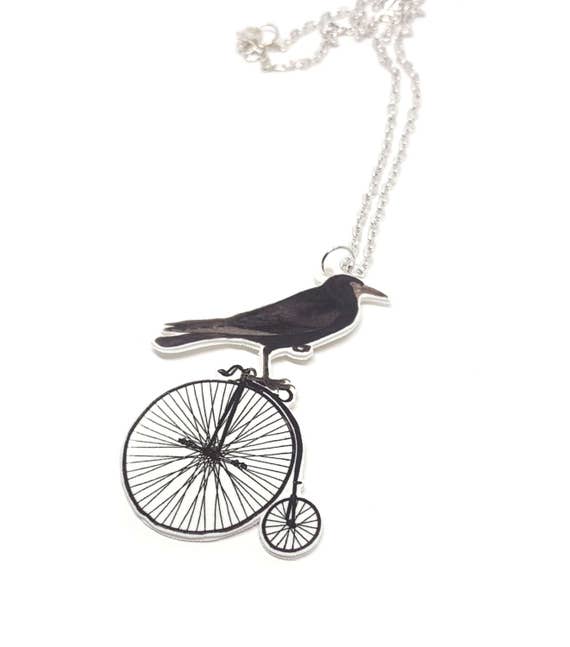 Totem Animal, Surreal crow in bike necklace, Whimsical necklace, Crow pendant, Vintage inspired, Antique bronze chain, Crow in bike, Dada