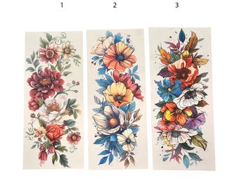 Colorful Long Boho Floral Temporary Tattoos (19cm/20cm long x 8/9 cm), Whimsical Flowers Tattoo, Bohemian Floral Fake Tattoo
