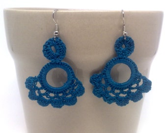 Teal floral crochet earrings. Andalucia flamenco style. Hand knitted jewellery. Unique gift. Acrylic hoop. Gypsy earrings. Textil jewellery