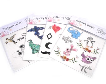 Set Temporary Tattoos (9,5 x 9,5 cm) for adults and kids. Colorful origami, animals and quotes tattoo.Fake tattoo. Body art tattoo.