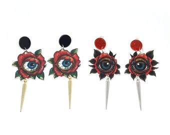 Creepy Psychedelic Eye Earrings, Gothic Spikes Rose Eye Earrings, Flower Eye Trippy Earrings, Weird Steampunk Evil Eye Dangle Earrings