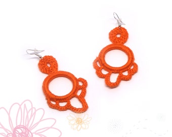 Orange long crochet earrings. Andalucia flamenco style. Fiber jewellery. Unique chic gift. Plastic hoop. Gypsy earrings. Textil jewelry.