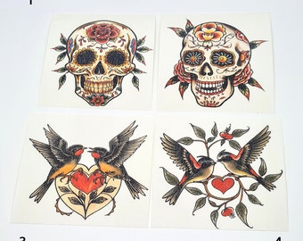 Love Swallows Birds Old School Vintage style Temporary Tattoo (9/10 x 9/10 cm approx), Sugar Skull Fake Tattoo, Traditional Temporary Tattoo