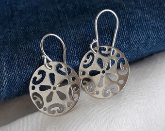 Round silver earrings, Sterling silver earrings, Dangle silver earring, Simple earring, for women, Handmade jewelry, Floral earring, Mandala