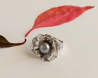 Organic Sterling Silver Pearl Ring: Handmade Statement Jewelry