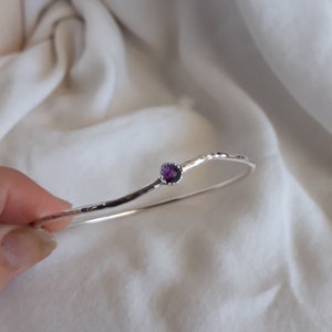 Hammered Sterling Silver Bangle: Amethyst February Birthstone Bracelet