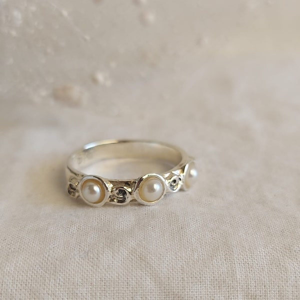 Bague en argent avec perle, bague en perle blanche, bague en argent sterling avec perle