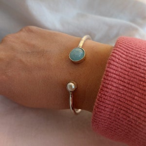 Birthstone Bracelet, Gemstone Cuff Bracelet, Modern Sterling Cuff Bangle Bracelet, Pearl Aquamarine Bracelet, Personalized bracelet for Mom