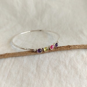 Sterling Silver Birthstone Bangle: Personalized Gemstone Bracelet