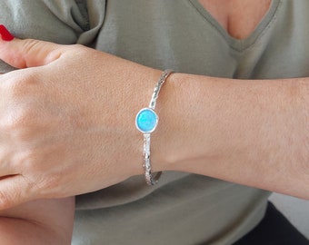 Solid Bracelet for Women, Bangle Bracelet, Birthstone Bracelet, Engrave Bracelet, Personalized Gift, Opal Bracelet, Unique Gift, Mom gift