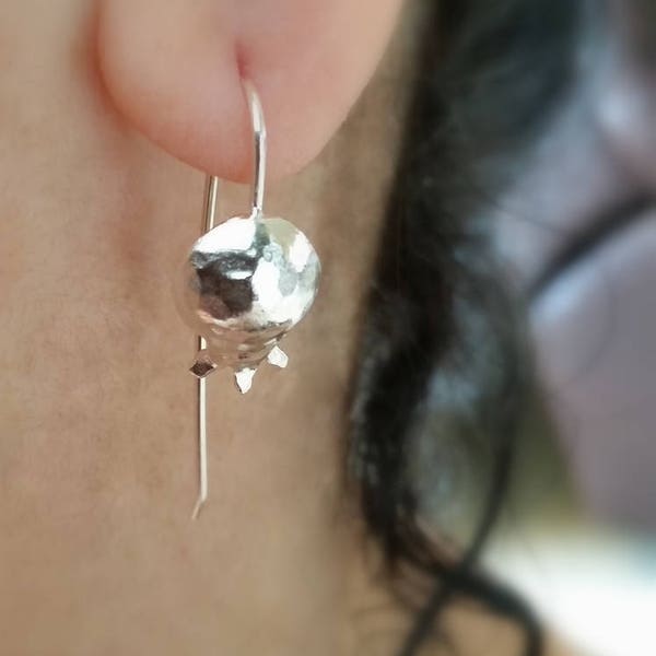 Silver drop earrings, Hammered earring, Sterling silver, Women jewelry