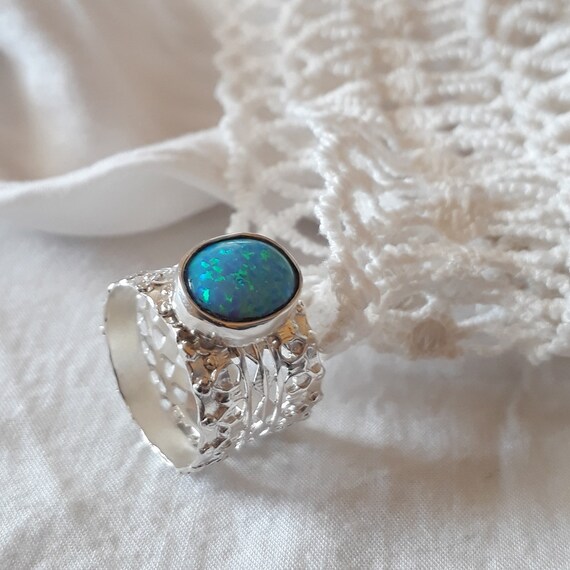 Large Opal Ring Cocktail Ring Wide band Ring Filigree Ring Statement Ring Sterling Silver Blue Opal Ring Wide Opal Ring Unique Gifts Etsy