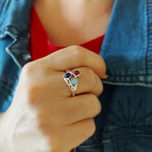 Sterling Silber Mutter Ring: Drei Stein Geburtsstein Ring, Blatt Design