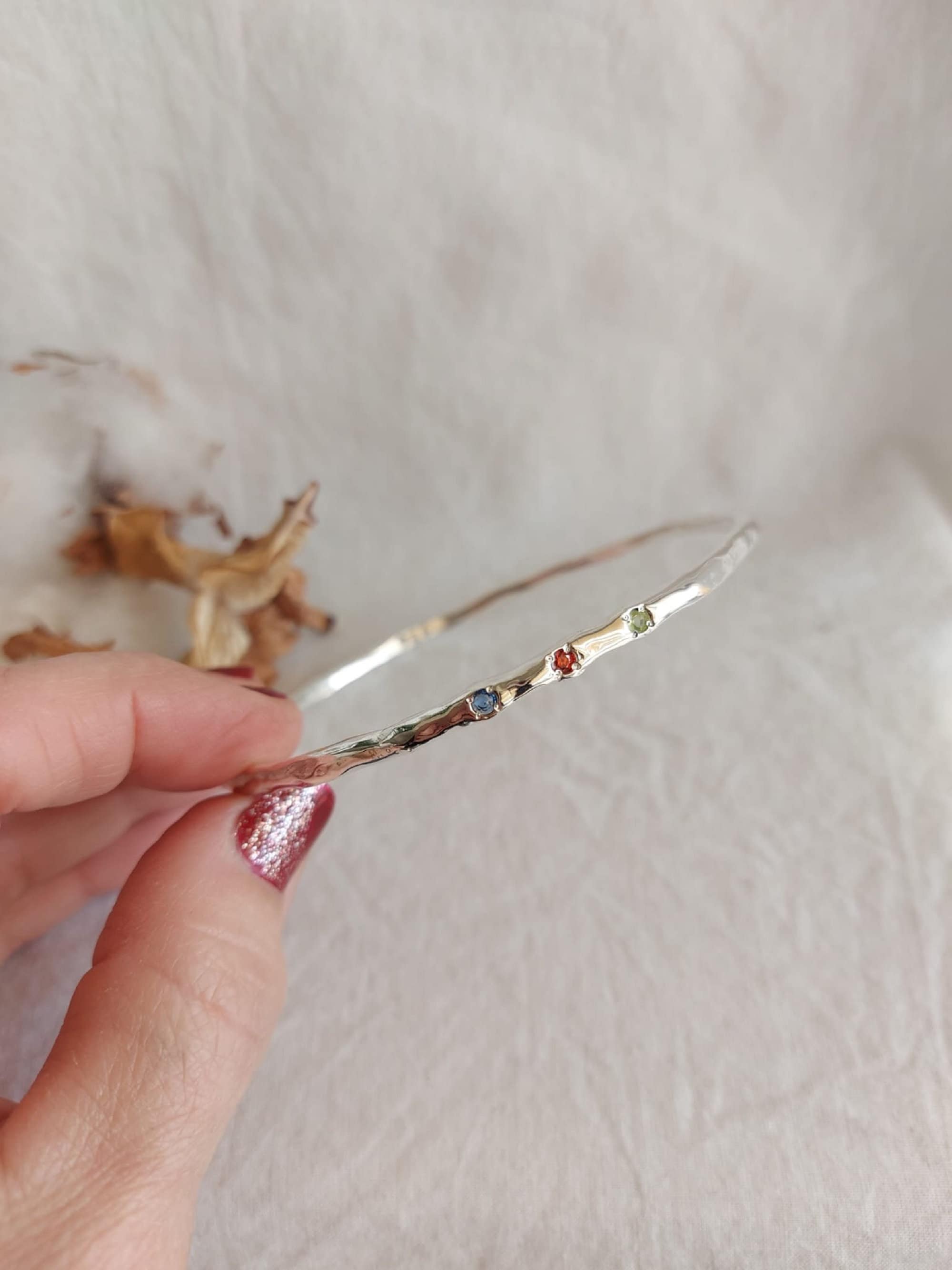 Handmade Sterling Silver Mom Bangle Bracelet with Three Birthstones
