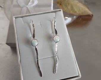 Hammered Sterling Silver Opal Earrings: Long Modern Dangle Earrings