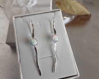 Long Hammered Earrings for Women, Sterling Silver, Gemstone Earrings, White Opal Earrings, Long silver earrings, Long Opal earrings, Modern