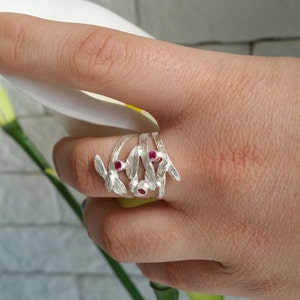 Ruby Ring: Handmade Silver Leaves Ring, July Birthstone