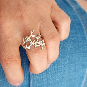 Sterling Silver Leaves Ring: Dainty Adjustable Nature Jewelry