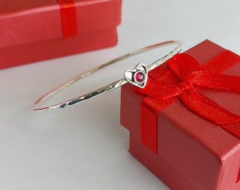 Bangle Bracelet for Women, Silver Bangle Bracelet, Stacking Bangle, Gemstone Jewelry, Minimalist Jewelry, Heart Jewelry, Daughter Gift