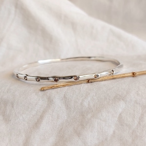 May include: A silver bangle bracelet with a hammered texture and small brown gemstones set along the edge.