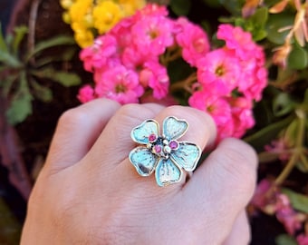 Large Silver Ring, Large Statement Ring, Pink Ruby Ring, Flower Ring, Flower Jewelry, Cocktail Ring, Gift for Mom, Spring Ring, Women's Ring