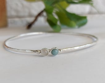 Personalized Bracelet for Woman, Silver Bangle Bracelet, Aquamarine moonstone, Family Birthstone bangle, Custom Jewelry, Mom Gift, Wife Gift