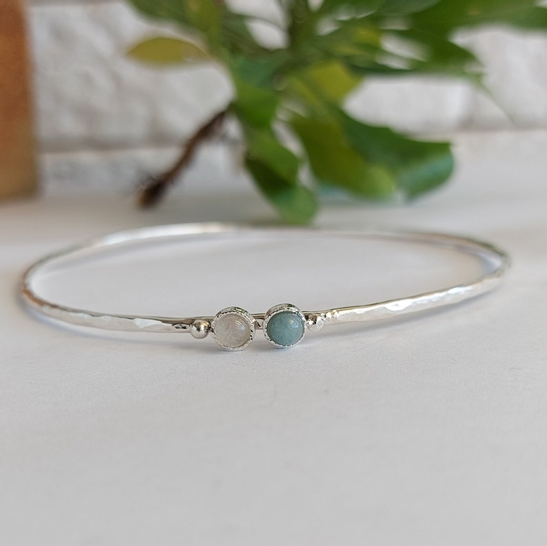 Silver Bangle Bracelet, Personalize Bracelet for Woman, Aquamarine Lapis Lazuli Jewelry, Birthstone Jewelry, Custom Jewelry, Mom Gift Aquamarine,Moonstone