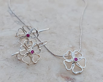 Silver Jewelry Set, Earring Necklace Set, Gemstone Jewelry Set, Birthstone Jewelry Set, Dainty Jewelry, Flower Jewelry, Unique birthday gift