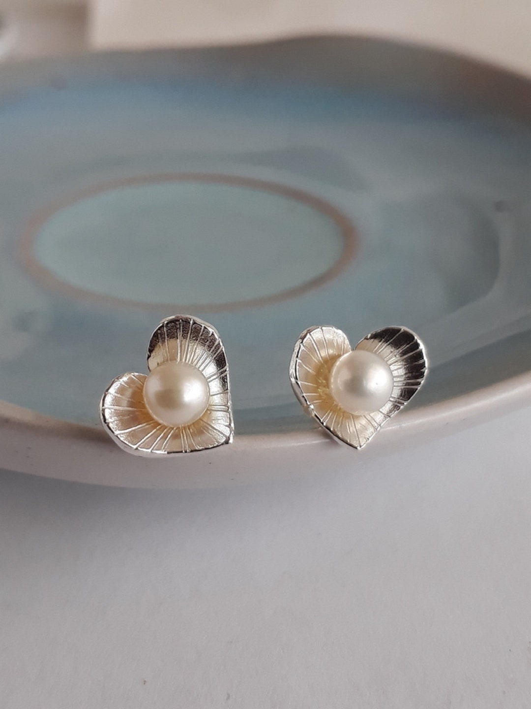 Pearl Earrings, Silver Stud Earrings, Heart Shape Earrings, Bridal ...
