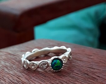 Blue Opal Sterling Silver Ring: Handmade Spiral Band, Birthstone Jewelry