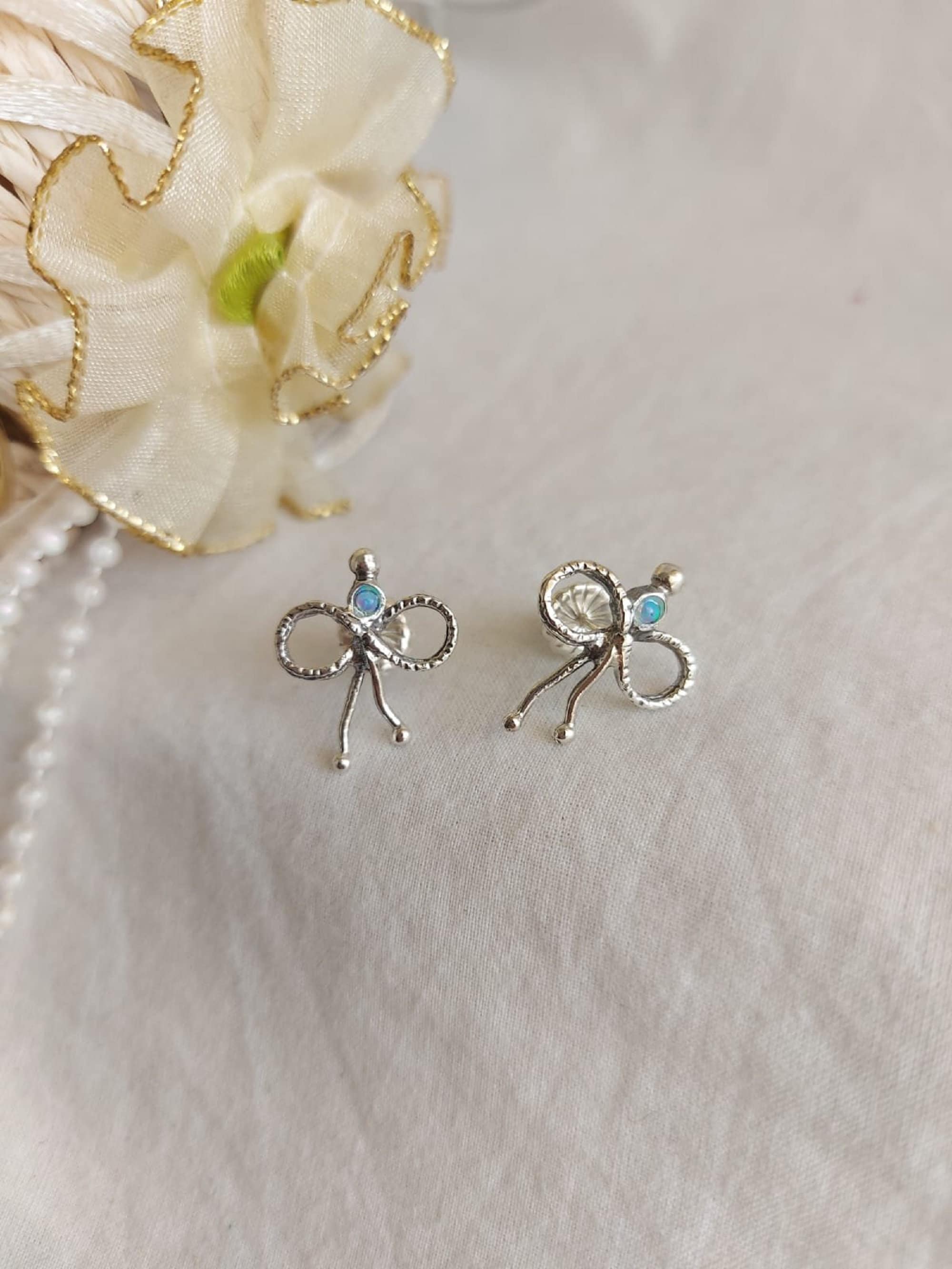 Opal Bow Sterling Silver Stud Earrings: Minimalist Ribbon Jewelry