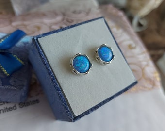 Blue Opal Stud Earrings: Floral Sterling Silver, October Birthstone