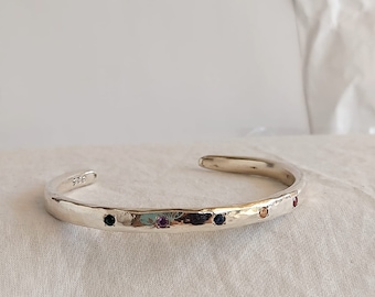 Cuff Bracelet, Silver Cuff Bracelet, Personalized Bangle Bracelet, Birthstone Jewelry, Open Cuff, Mom Bangle, Unique Gift, Wife Gift