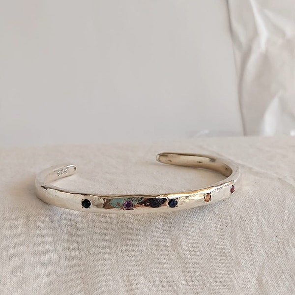 Cuff Bracelet, Silver Cuff Bracelet, Personalized Bangle Bracelet, Birthstone Jewelry, Open Cuff, Mom Bangle, Unique Gift, Wife Gift