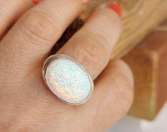 Large Oval White Opal Ring: 925 Sterling Silver Statement Ring