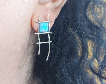 Silver Earrings, Opal Earrings, Geometric Earrings, Unique Earrings, Chunky Earrings for Women, Silver Studs, Geometric Studs, Gift for Mom
