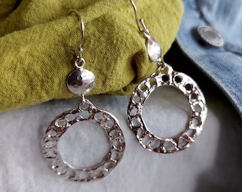 Large silver earrings, Long Dangle Earrings, Round Silver Earrings, Boho Chic Earrings, Hammered Earrings, Dangle Earrings, Gift for Women