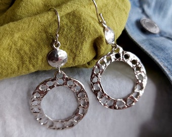 Hammered Silver Dangle Earrings: Boho Chic Round Earrings