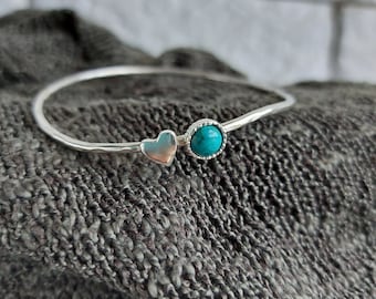 Sterling Silver Turquoise Bangle Bracelet: Heart Charm, Stacking Jewelry