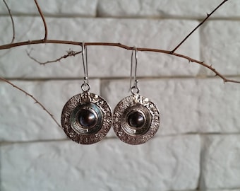 Textured Sterling Silver Black Pearl Dangle Earrings