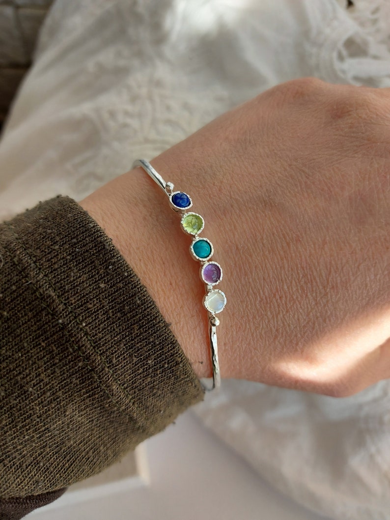 Silver Bangle Bracelet, Birthstone bangle for women, Mother's day gift, Personalized Gifts image 1