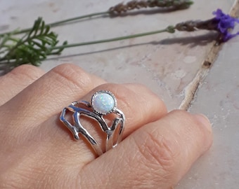 Handmade Sterling Silver Opal Ring: Twig Branch Design