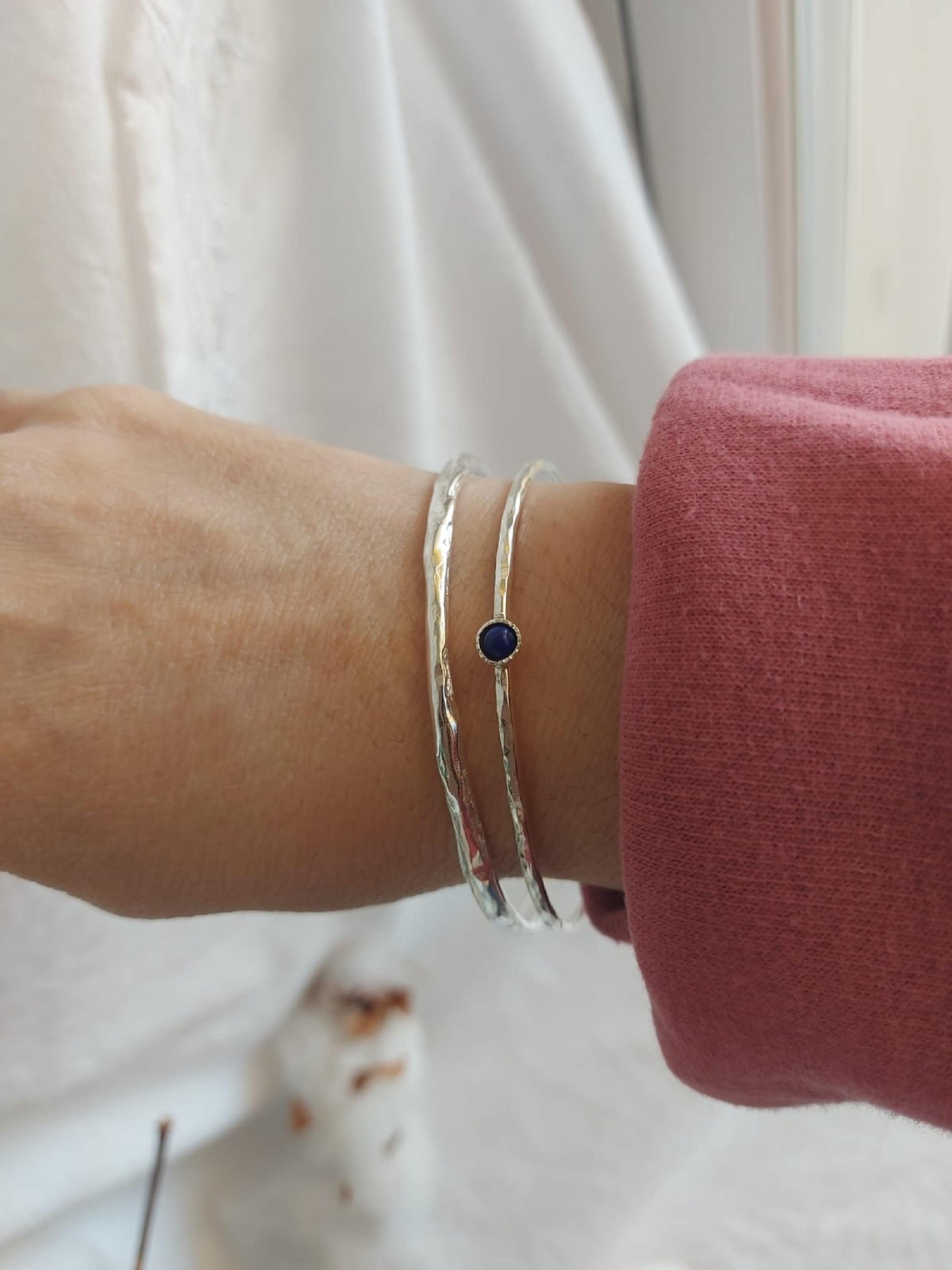 Hammered Sterling Silver Bangle Set: Birthstone Jewelry - Etsy